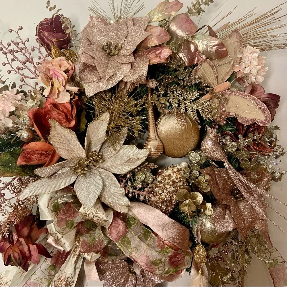 Rose Gold Blush Christmas Poinsettias Door Wall Wreath Romantic Victorian Wreath